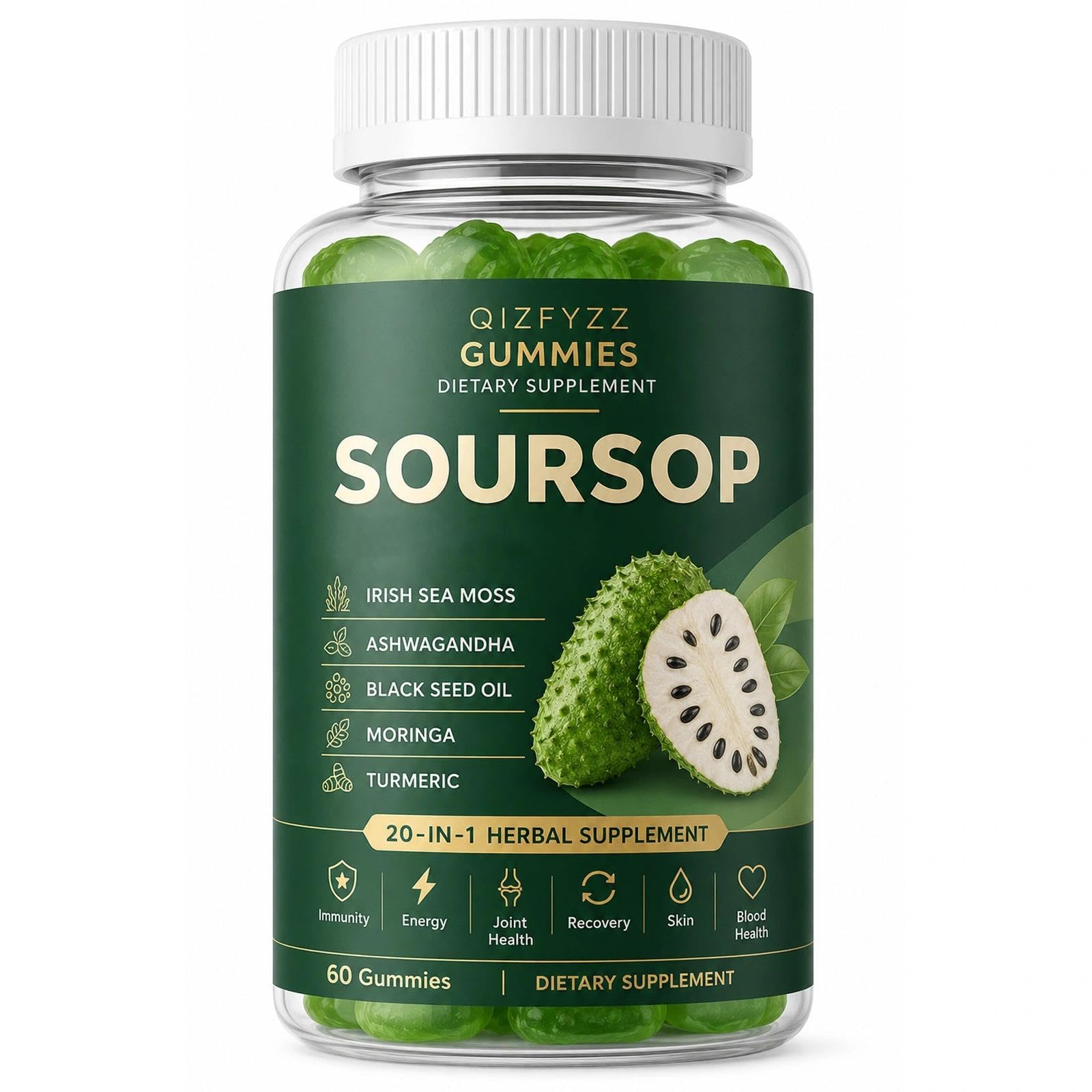 Bexelora Qizfyzz Soursop Gummies – Herbal Daily Supplement with Soursop Leaf, Sea Moss, Ashwagandha, Black Seed, Moringa & Turmeric – Non-GMO, Immune Support & Wellness – 60 Gummies