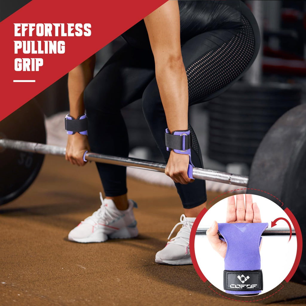 COFOF Weight Lifting Wrist Strap,Double Layer Leather Weightlifting Wrist Strap for Deadlift and Powerlifting, Adjustable Neoprene Padded Gym Workout Lifting Wrist Hooks for Men/Women(Pair)