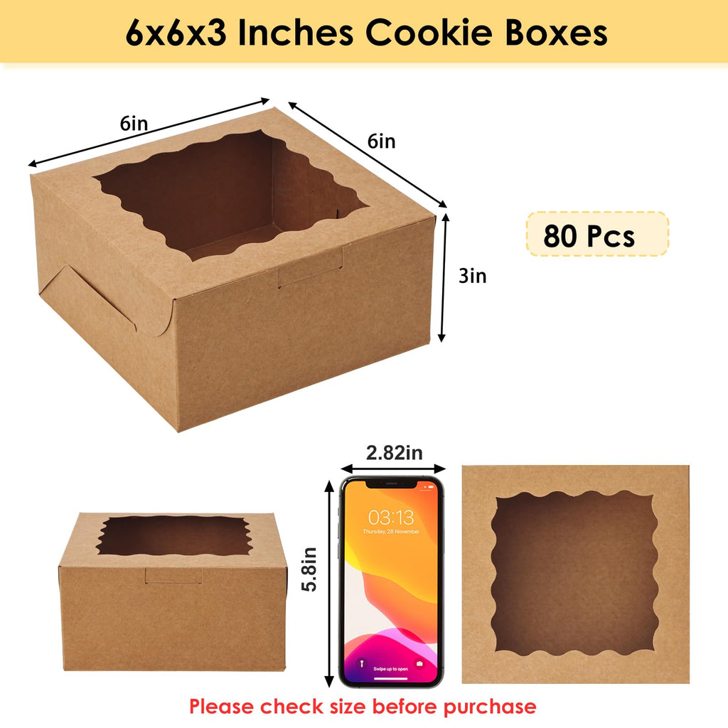 Moretoes 80pcs Brown Bakery Boxes with Window, 6x6x3 Inches Small Cookie Boxes for Treats, Pastries, Chocolate Covered Strawberries, Macarons, Cupcakes, Goodies, Donuts