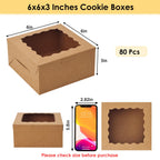 Moretoes 80pcs Brown Bakery Boxes with Window, 6x6x3 Inches Small Cookie Boxes for Treats, Pastries, Chocolate Covered Strawberries, Macarons, Cupcakes, Goodies, Donuts
