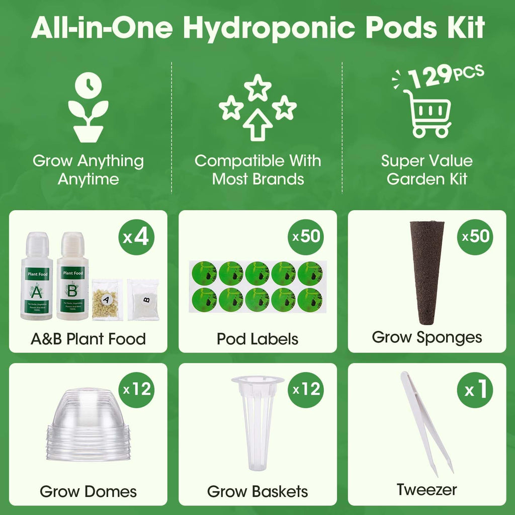 PlantaPulse 129 Pcs Hydroponic Pods Kit with A&B Plant Food, 50 Grow Sponges, 50 Plant Labels, 12 Grow Baskets, 12 Grow Domes and 1 Tweezers - Indoor Hydroponics Supplies