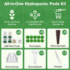PlantaPulse 129 Pcs Hydroponic Pods Kit with A&B Plant Food, 50 Grow Sponges, 50 Plant Labels, 12 Grow Baskets, 12 Grow Domes and 1 Tweezers - Indoor Hydroponics Supplies