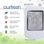 Fresh Products ourfresh 2 Air Freshener Replace Metered Aerosol with Dry Fragrance 30 Day Use Medium Sized Spaces Light Activated Battery Operated Refill Reminder White Dispenser 1 pk