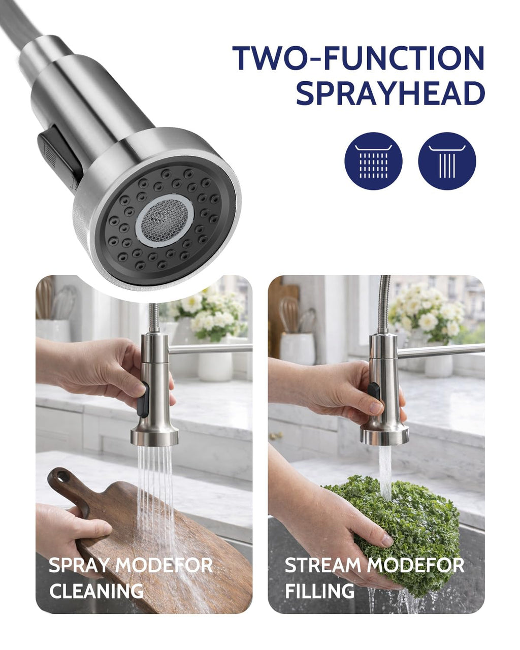 LUFEIDRA Kitchen Faucet with Pull Down Sprayer and Soap Dispenser, High Arc Spring 304 Stainless Steel Single Handle 1 or 3 Hole 2 Mode for Farmhouse RV Camper Laundry Bar Pot Filler (Brushed Nickel)