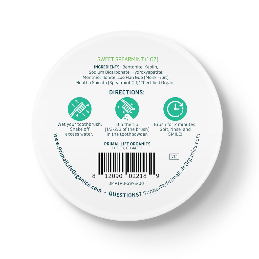 Primal Life Organics - Dirty Mouth Toothpowder, Tooth Cleaning Powder, Flavored Essential Oils with Natural Kaolin & Bentonite Clay, Good for 200+ Brushings, Organic, Vegan (Sweet Spearmint, 1 oz)
