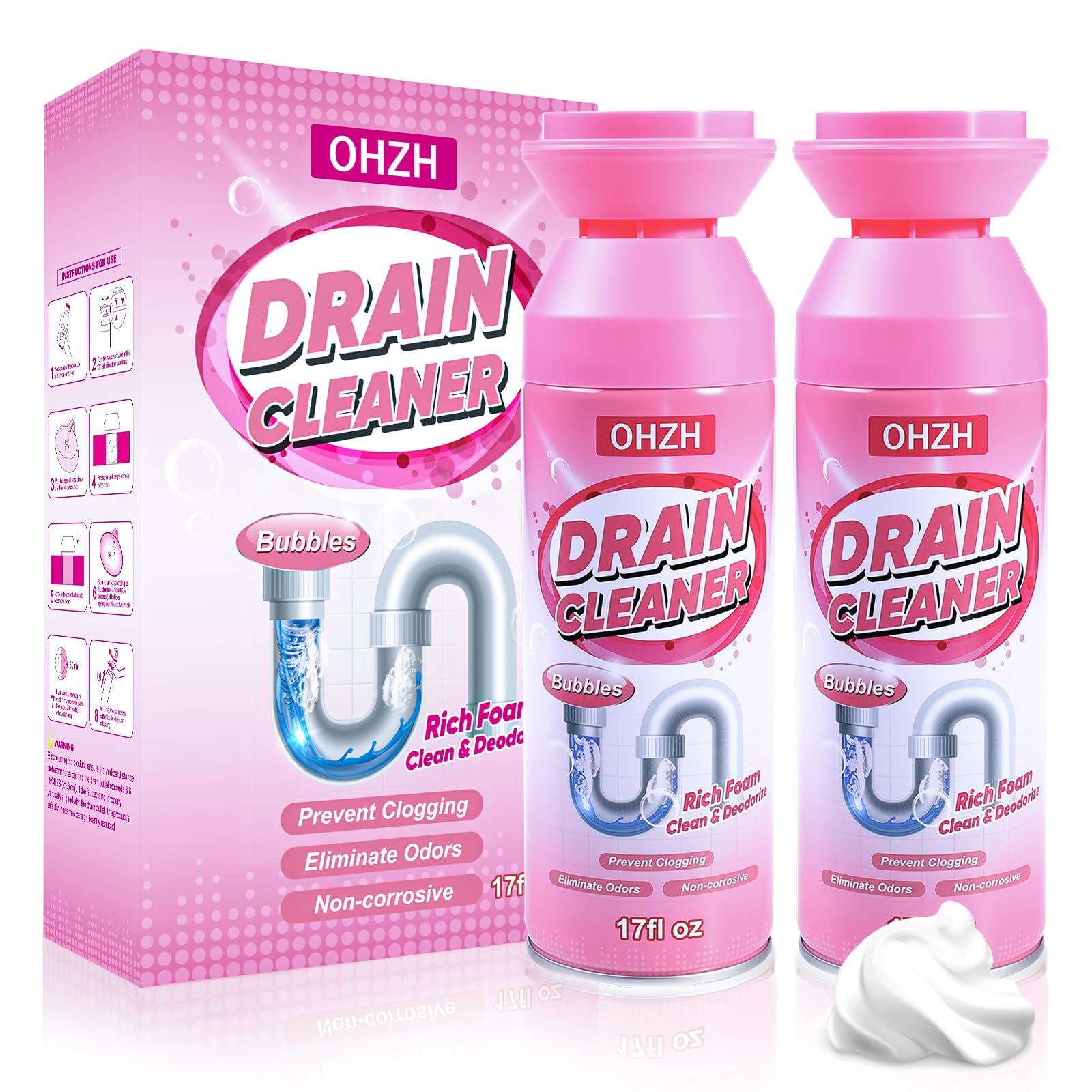 Foaming Drain Cleaner,Drain Clog Remover –Sink Cleaner and Deodorizer,Foaming Cleaners for Kitchen, Sinks, Shower Drains,Tub (2pcs)