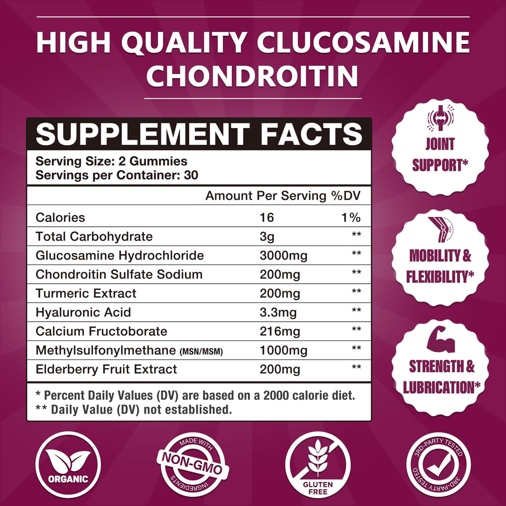 CocoaNee 3 Packs 3000MG Glucosamine Chondroitin Gummies, Extra Strength Joint Support Supplement with MSM & Elderberry, Flexibility, Antioxidant Immune Support Gummy for Adults, Men & Women 180Cts