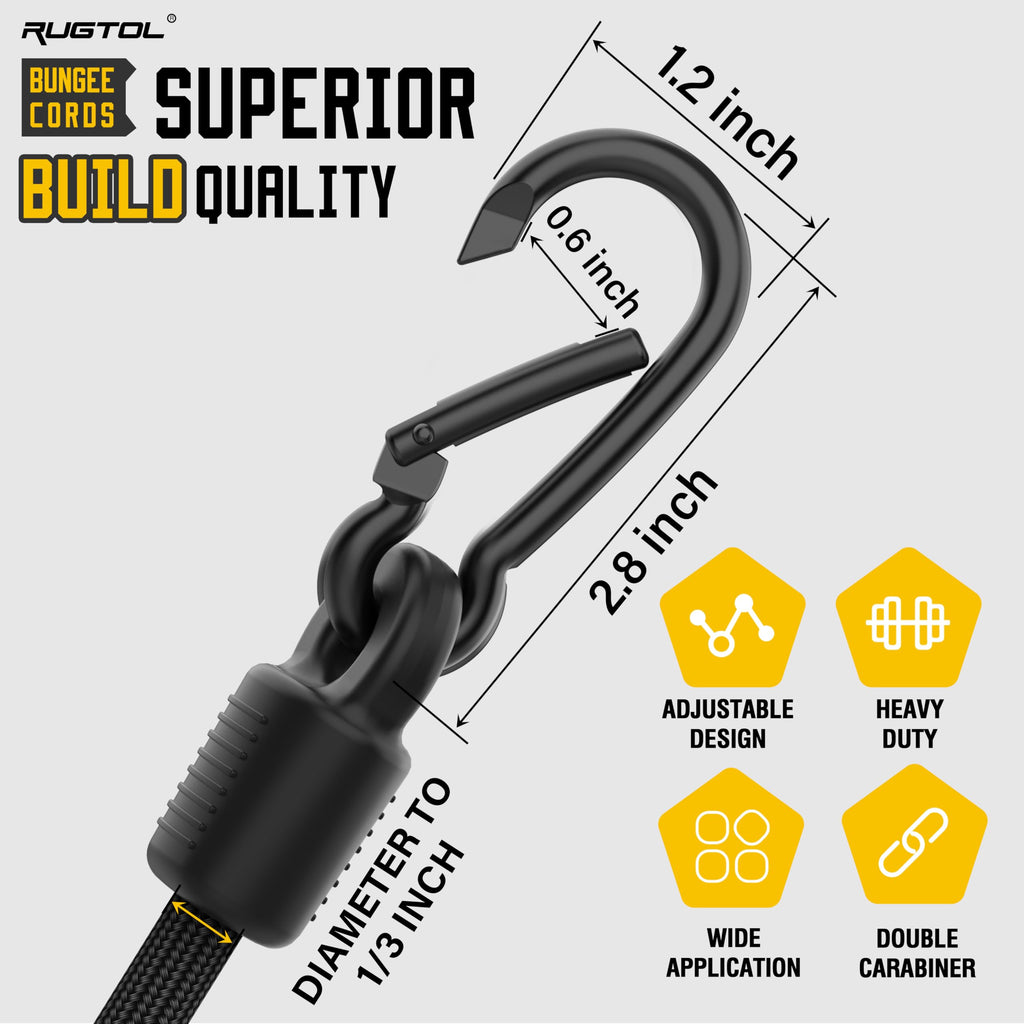 Rugtol Adjustable Bungee Cords with Hooks, 6 Pack Heavy Duty Outdoor Carabiner Bungee Cord, Black Super Elastic Bungee Straps Easily Adjust from 7" to 48", Great for Cargo, Camping, Bike Racks, Tents
