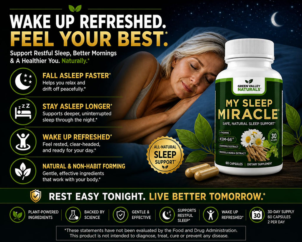 GREEN VALLEY NATURALS My Sleep Miracle Vegan Sleep Support Supplement | Melatonin-Free Formula | Ashwagandha, Chamomile & L-Theanine | Promotes Calm, Relaxation & Restful Sleep | 60 Capsules