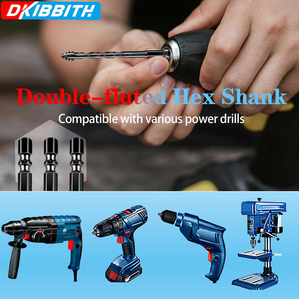 DKIBBITH 4-Flute Serrated Masonry Drill Bit Set (10-Piece, Black) - 3/16" to 1/2" for Concrete, Tile, Brick, Glass, Ceramic