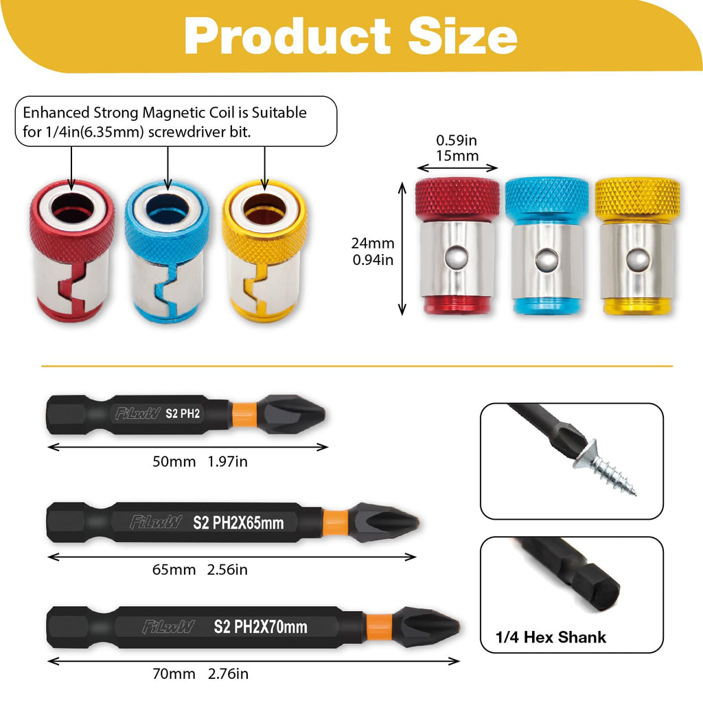 6 Pieces Strong Magnetic Screw Ring With 6 Pieces Ph2 Screwdriver Bit Set, 1/4 Inch/ 6.35 mm Universal Magnetic Screw Ring Bit for Hex Screwdriver and Power Bits