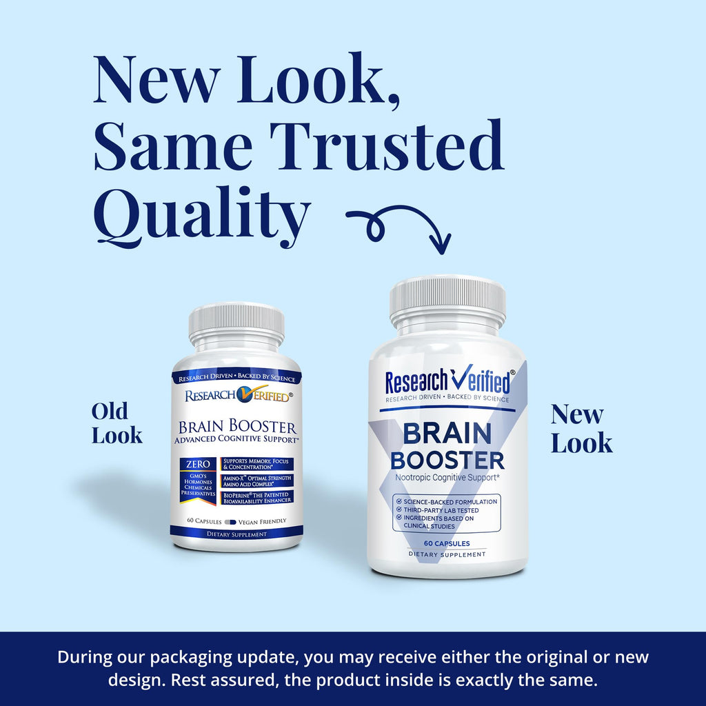 Research Verified Brain Booster - Brain Supplement for Memory and Focus, Nootropic Supplement for Cognitive Support - 180 Vegan Capsules - 3 Bottles