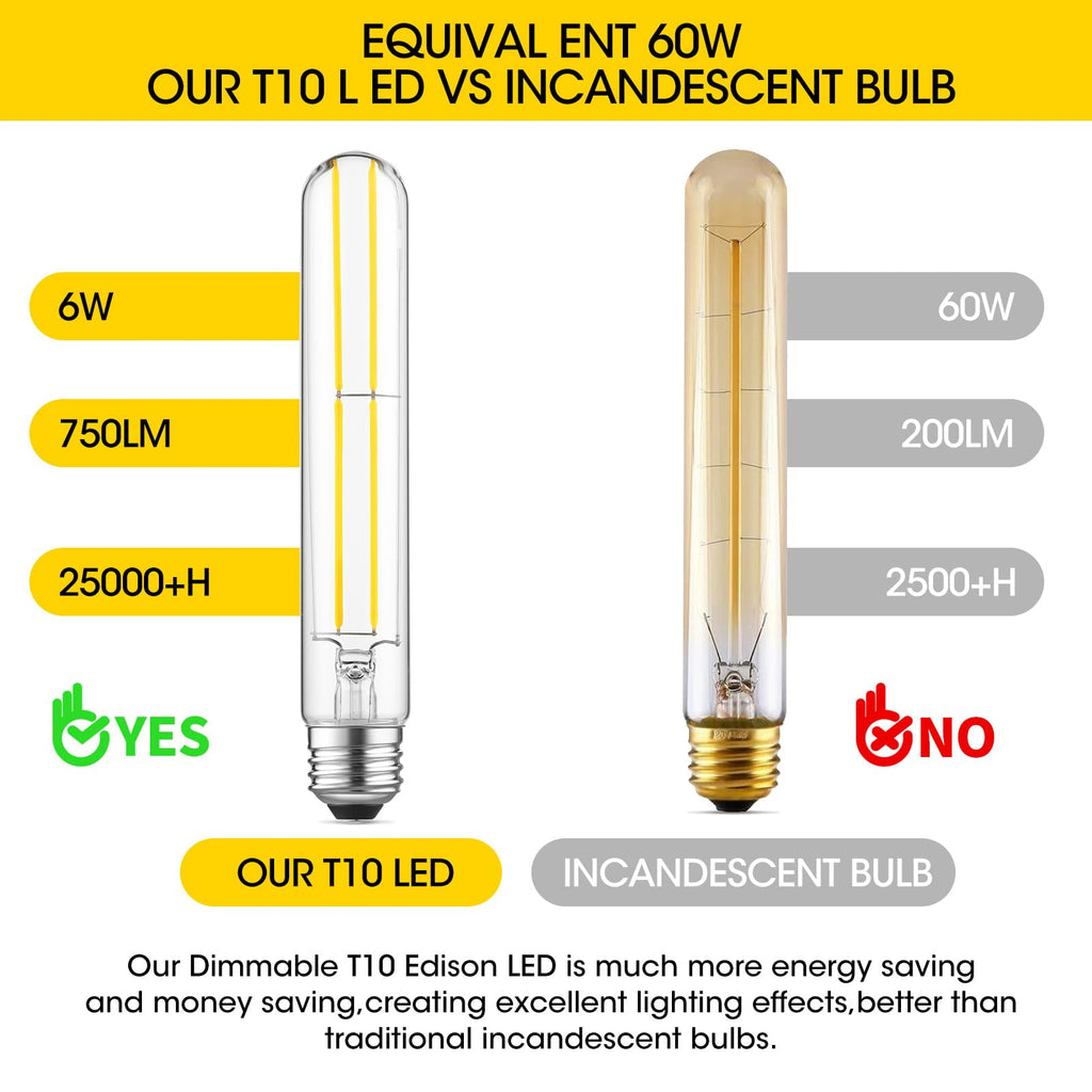 Gozelux 7.3 Inch Long Tubular Vintage LED Edison Bulbs, 6W, Equivalent 60W, High Brightness Daylight 5000K, T10 LED Filament Bulbs with 90+ CRI, E26 Medium Base, Dimmable, Clear Glass, Pack of 6