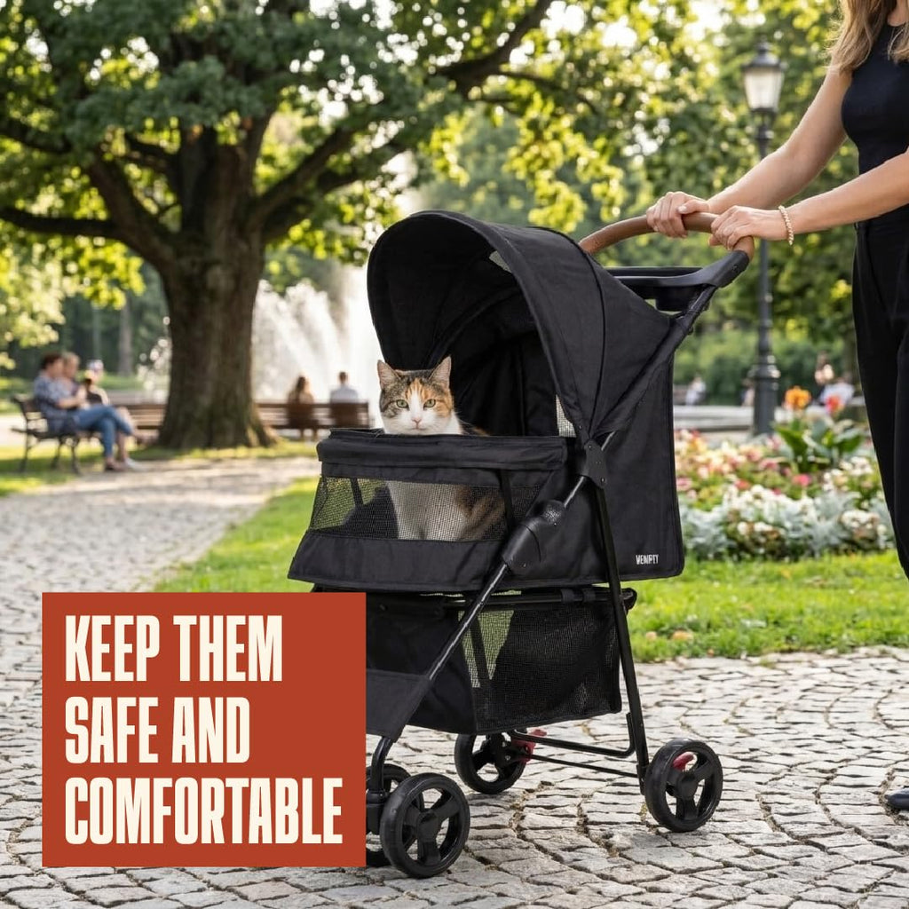 Pet Stroller for Small Dogs & Cats, Foldable Pet Stroller with Breathable Mesh, Storage Basket & Cup Holder, Lightweight 4-Wheel Dog Stroller, Portable Travel Pet Carrier (Up to 35 lbs)