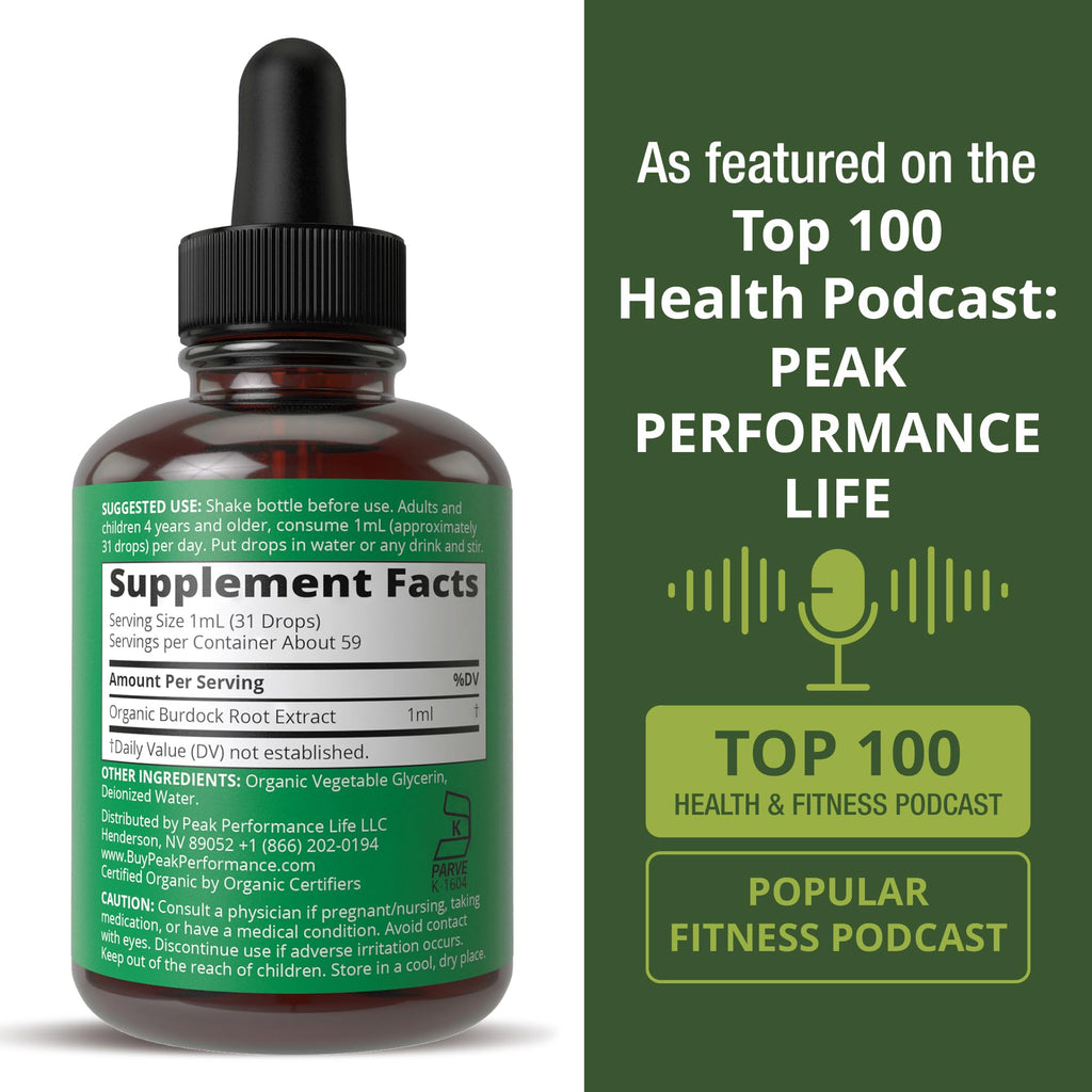 Peak Performance USDA Organic Burdock Root Liquid Drops Supplement - Vegan Extract Oil Herb Tincture for Women and Men - Zero Sugar, Gluten Free, Non-GMO Supplements - 2 fl oz