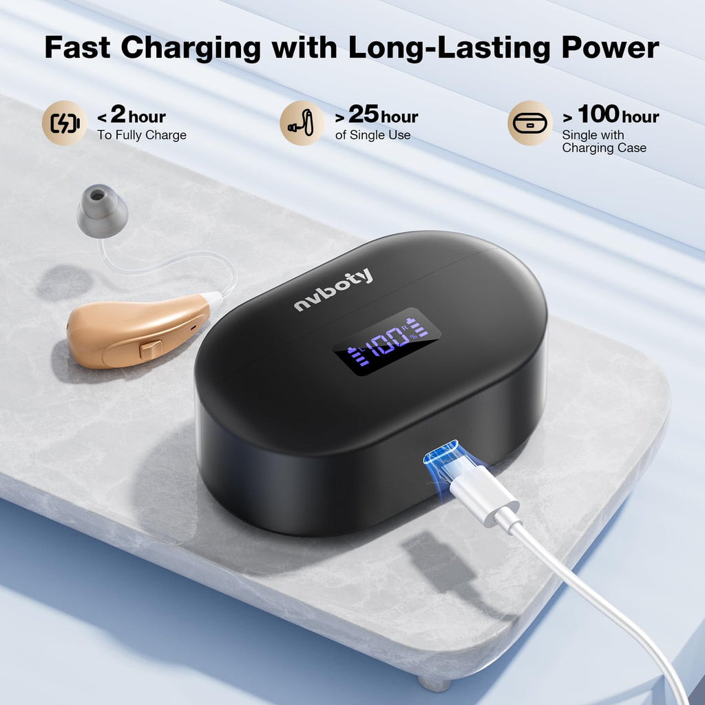 NVBOTY OTC Hearing Aids for Seniors & Adults - Rechargeable, 25+ Hour Battery Life, Advanced Noise Cancellation, 5-Level Volume & Memory, Clear Sound, Comfort-Fit, LED Display (Black)
