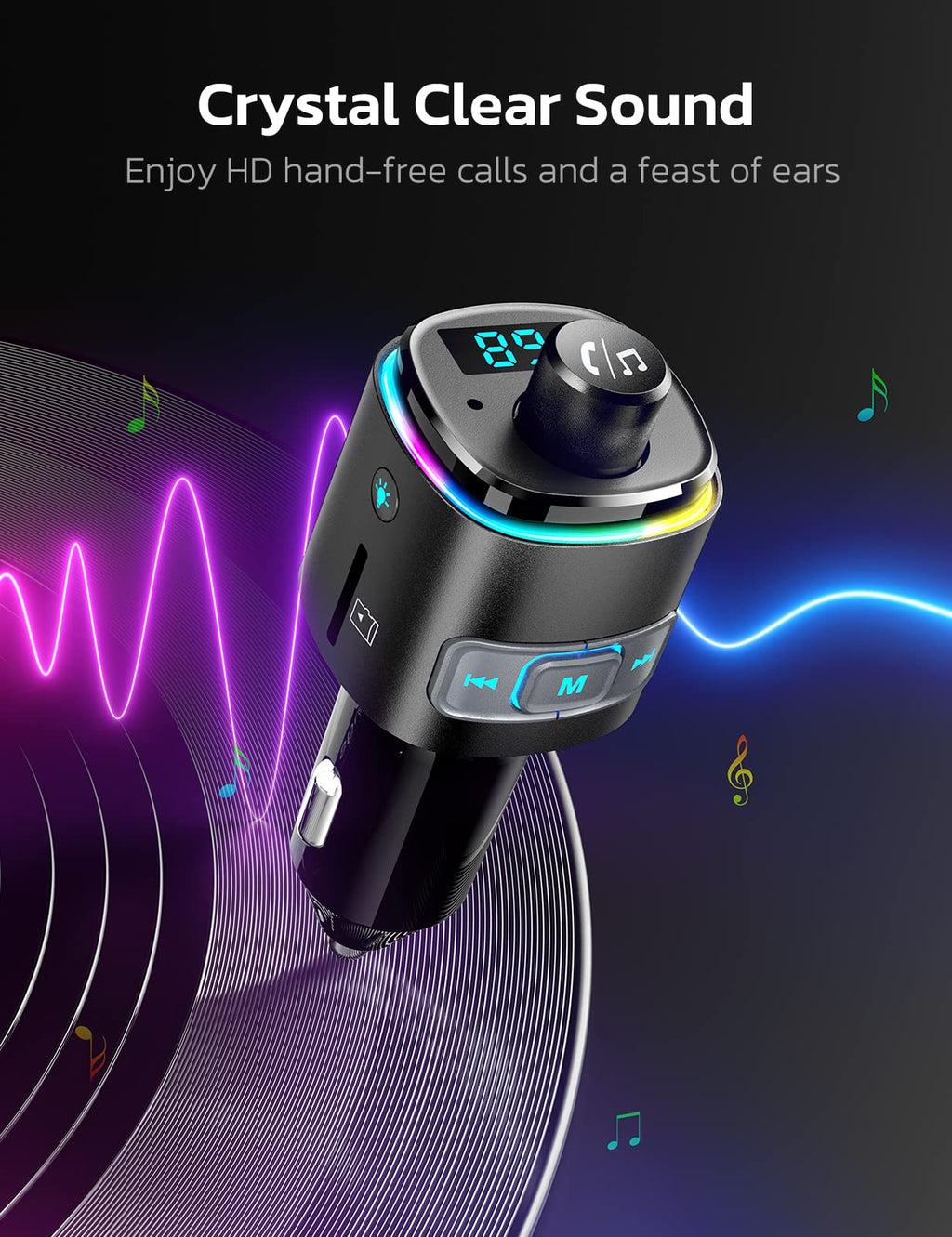 Nulaxy Bluetooth FM Transmitter for Car, QC3.0 Fast Charge Bluetooth Car Adapter, Wireless Radio with 7 Color LED Backlit, Support Hands-Free Calls, USB Flash Drive, microSD Card (Black)