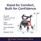 Drive Medical Nitro Sprint Foldable Rollator Walker with Seat - Lightweight Support - Large Wheels - Compact Folding Design - Adjustable Comfort - Standard Size - Red