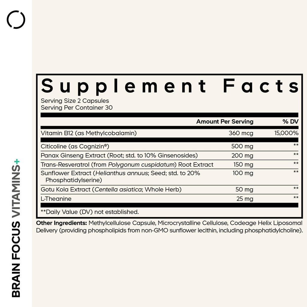 Codeage Brain Focus Vitamins+, Citicoline Cognizin, Ginseng, 60 Capsules