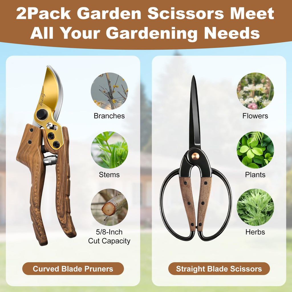 Dekeliy 2Pack Garden Pruning Shears Set: Ultra Sharp SK5 Blade Gardening Shears & Precision Garden Scissors,Wood Like&Wide Walnut Ergonomic Handle,Perfect for Plant,Bonsai,Shrub,floral,Branch Trimming