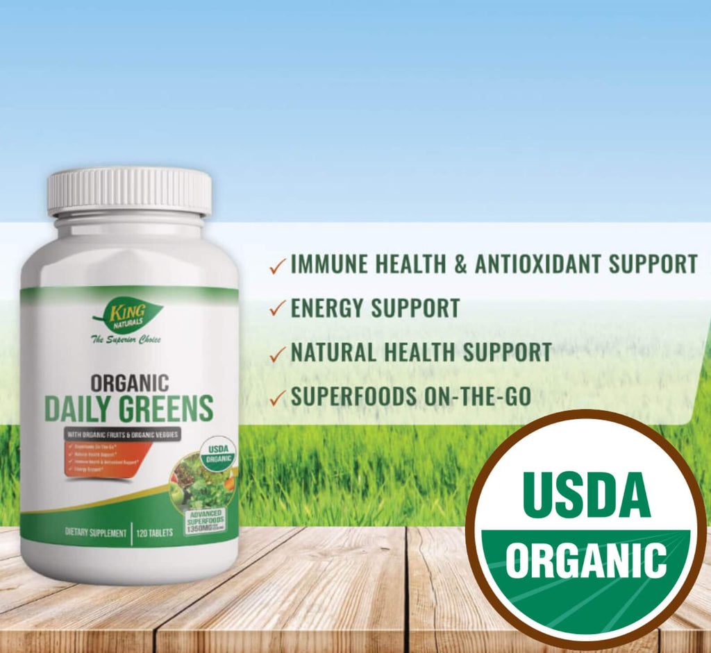King Naturals Organic Daily Greens with Organic Fruits & Veggies – USDA Certified, Non-GMO, Vegan – Superfoods On-The-Go Tablets for Immune Support, Antioxidants & Energy