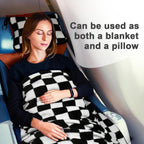 Travel Blanket and Pillow Compact, Premium Soft 2 in 1 Airplane Blanket with Soft Bag Pillowcase，Hand Luggage Sleeve and Backpack Clip (Checkered Black)