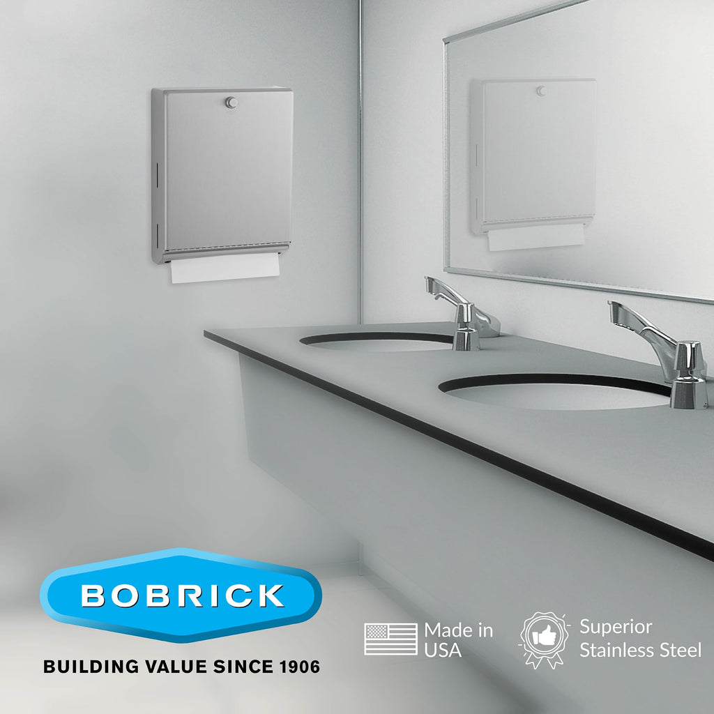 Bobrick B-2620 Surface Mounted Paper Towel Dispenser - Stainless Steel Commercial Bathroom Towel Dispenser with Knob-Latch 400 C-Fold or 525 Multifold Capacity