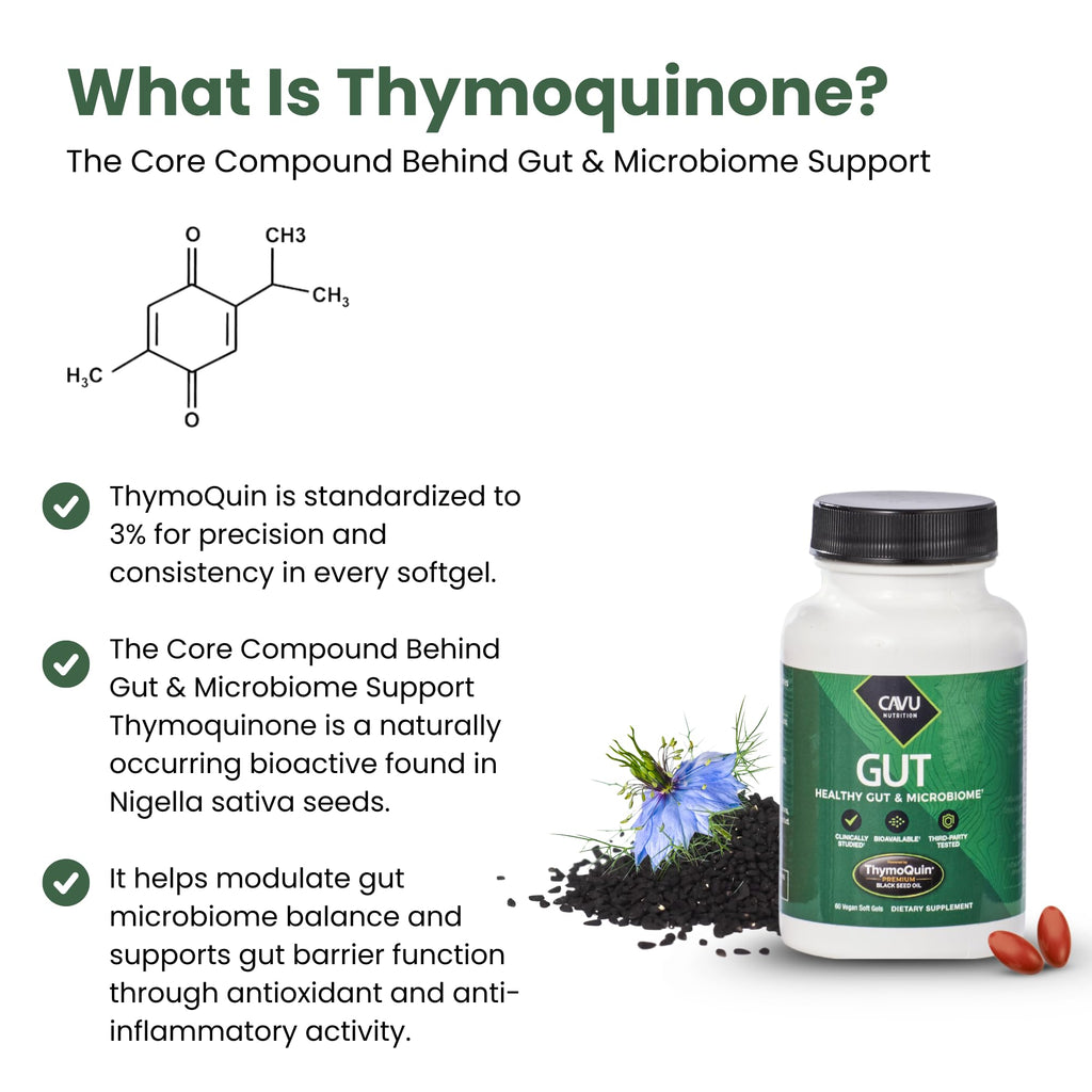 ThymoQuin Gut Health Supplements for Healthy Digestion & Gut Repair | Advanced Formula with Bioavailable Black Seed Oil with 3% Thymoquinone | Gut Health Supplements for Women & Men | 60 Softgel