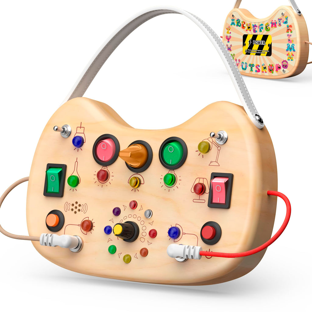 UdoUto Montessori Wooden Busy Board for Toddlers with LED Lights & Switches