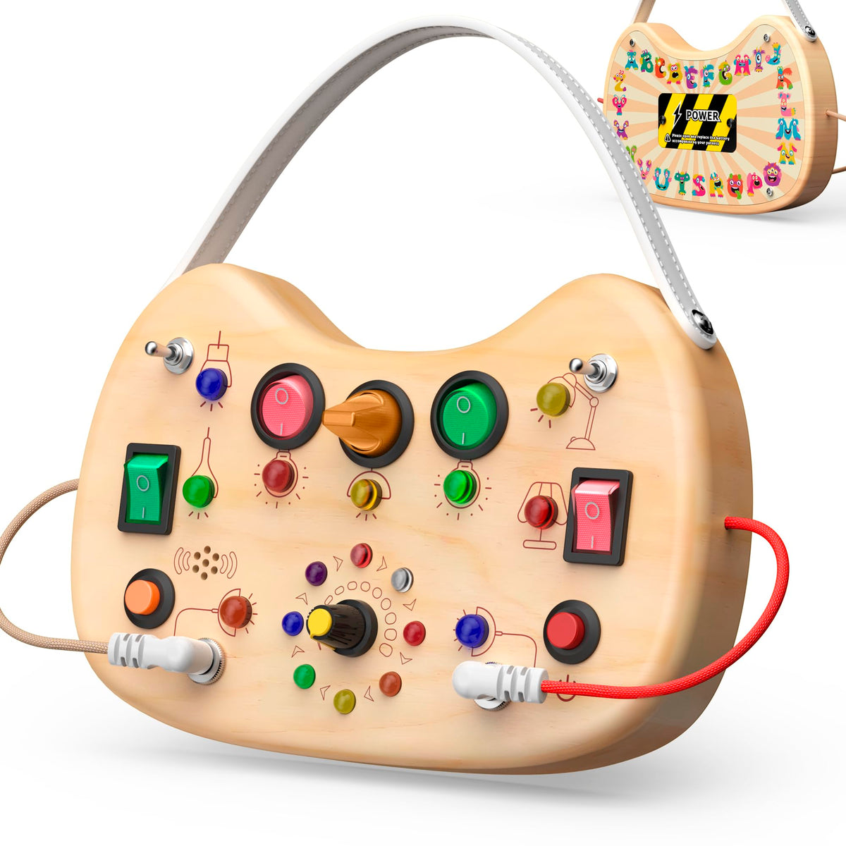 UdoUto Montessori Wooden Busy Board for Toddlers with LED Lights & Switches