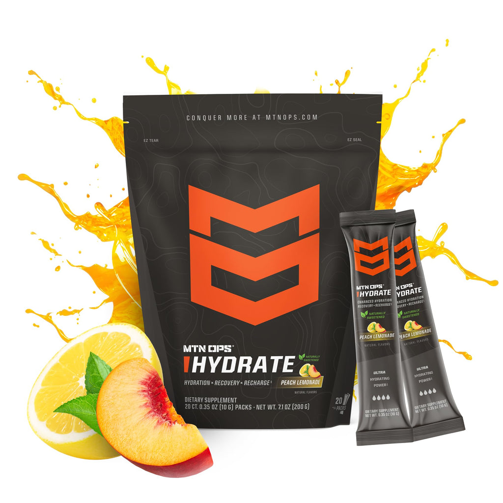 MTN OPS Hydrate Low Sugar Electrolyte Powder Drink Mix with 1g D-Ribose Sugar, Naturally Sweetened with Monk Fruit, On-The-Go Packs, 20 Stick Packs, Peach Lemonade