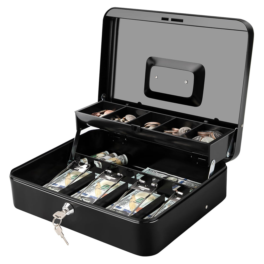 Jssmst Cash Box with Key Lock - 1mm Thick Metal Money Box for Garage Sales, Yard Sales and Petty Cash, Portable Cash Drawer with Coin Tray & Spill-Proof Foam Coin Cover, 4 No-Pinch Bill Clips,11.8''