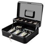 Jssmst Cash Box with Key Lock - 1mm Thick Metal Money Box for Garage Sales, Yard Sales and Petty Cash, Portable Cash Drawer with Coin Tray & Spill-Proof Foam Coin Cover, 4 No-Pinch Bill Clips,11.8''