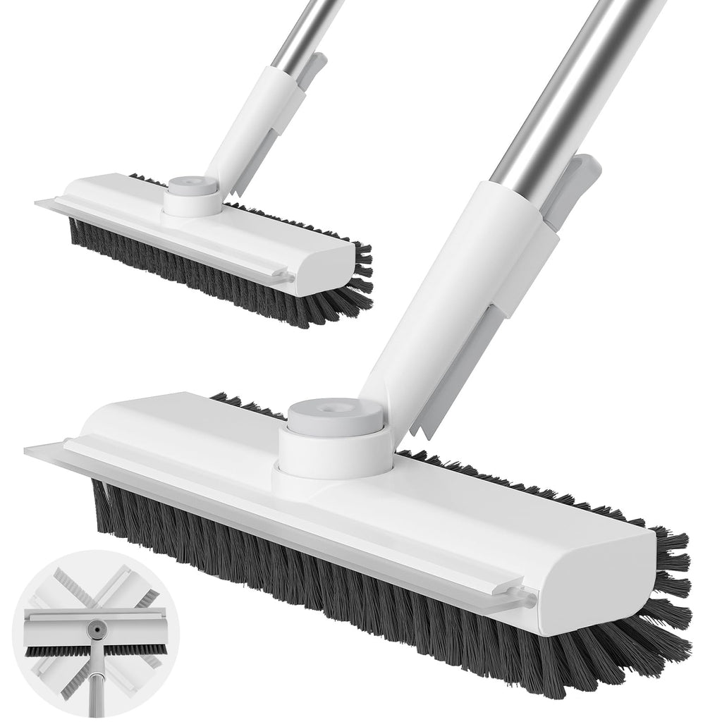 Floor Scrub Brush with Long Handle, 3 in 1 Scrape and Heavy-Duty Stiff Bristle Scrubber Brush for Cleaning Shower Bathroom, Patio, Garage, Kitchen, Wall and Deck (White, 2 Pack)