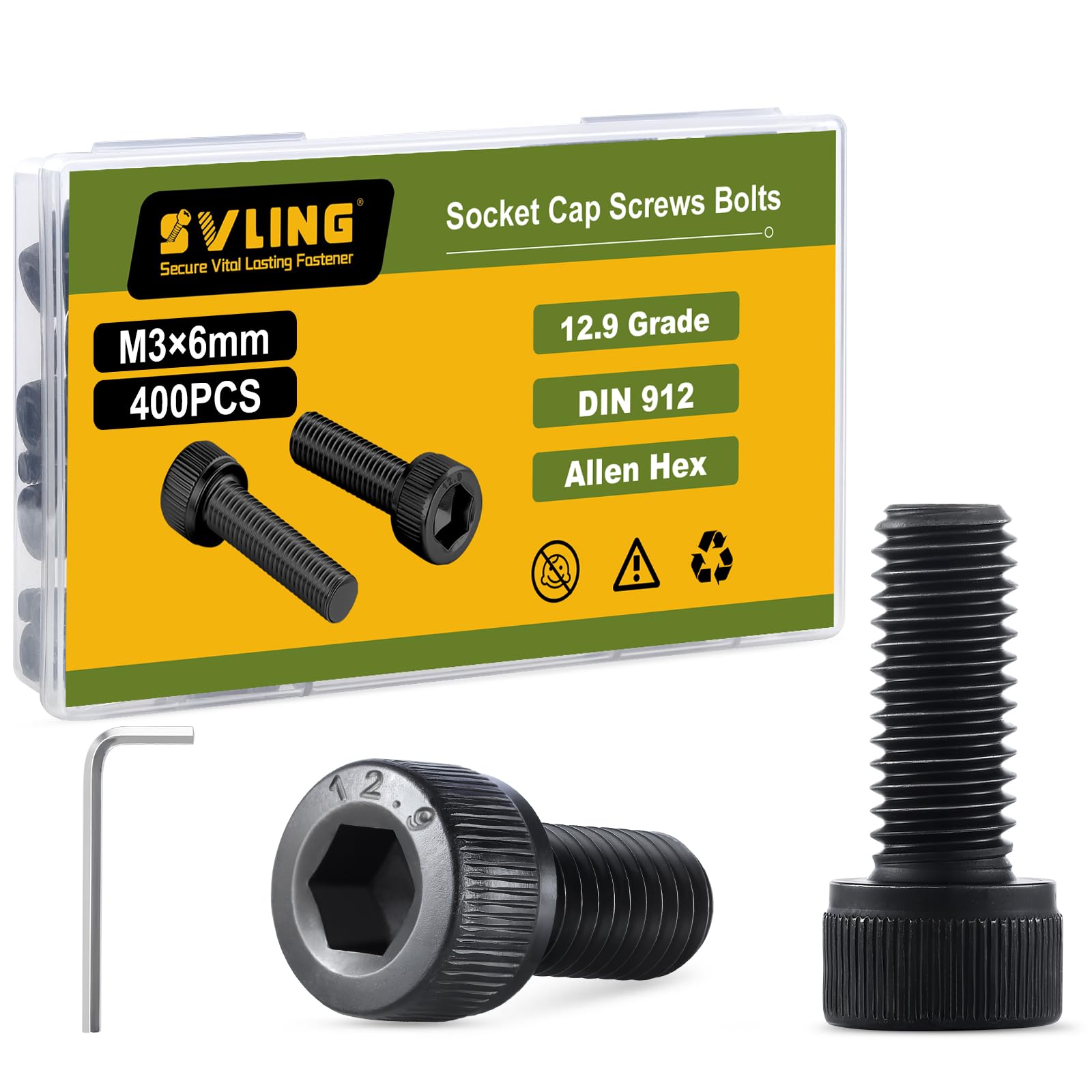 SVLING M3-0.5 x 6mm Bolt, 400PCS M3 Hex Socket Head Cap Screws Bolts, 12.9 Grade Alloy Steel, Full Threads, Allen Socket Drive, with Hex Spanner