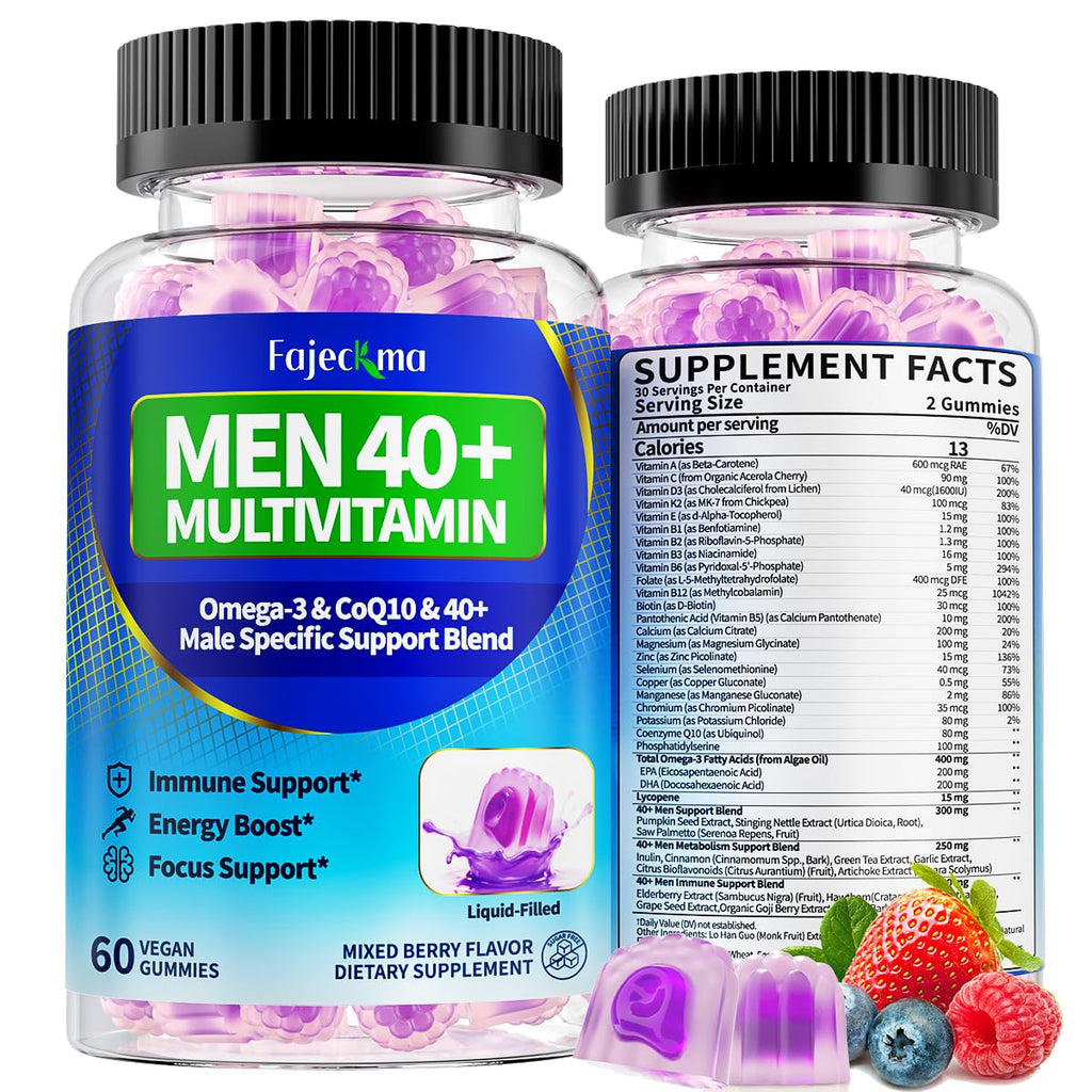 Fajeckma Mens Multivitamins Gummies for 40 Plus: Chewable Sugar Free Mens Multivitamins 40 Plus Gummy with Methylated B-Complex Omega-3 Magnesium CoQ10 Lycopene - Daily Vitamins for Men(120Count)