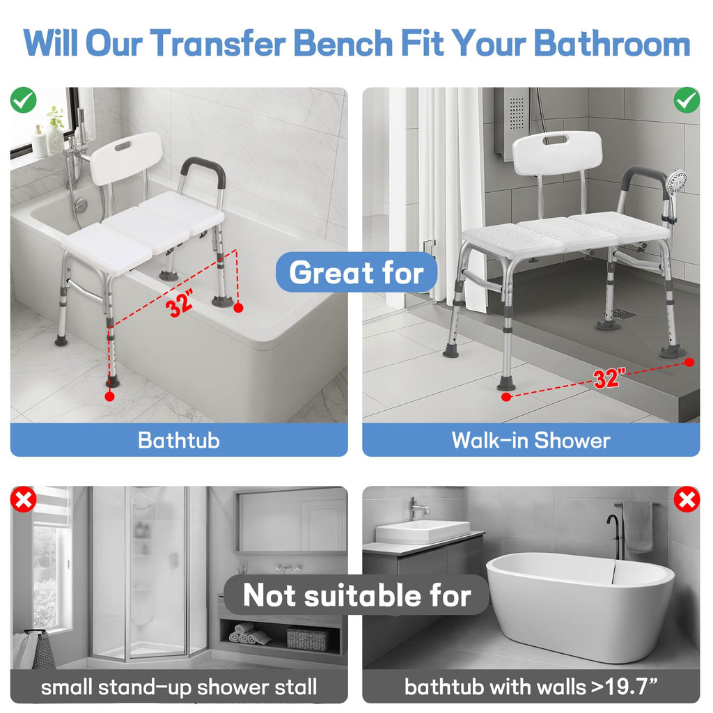 500lb Heavy Duty Shower Bench, Tool-Free Tub Transfer Bench with Arms & Back, Height Adjustable Handicap Shower Seat, Non-Slip Bath Safety Chair for Elderly & Surgery Recovery