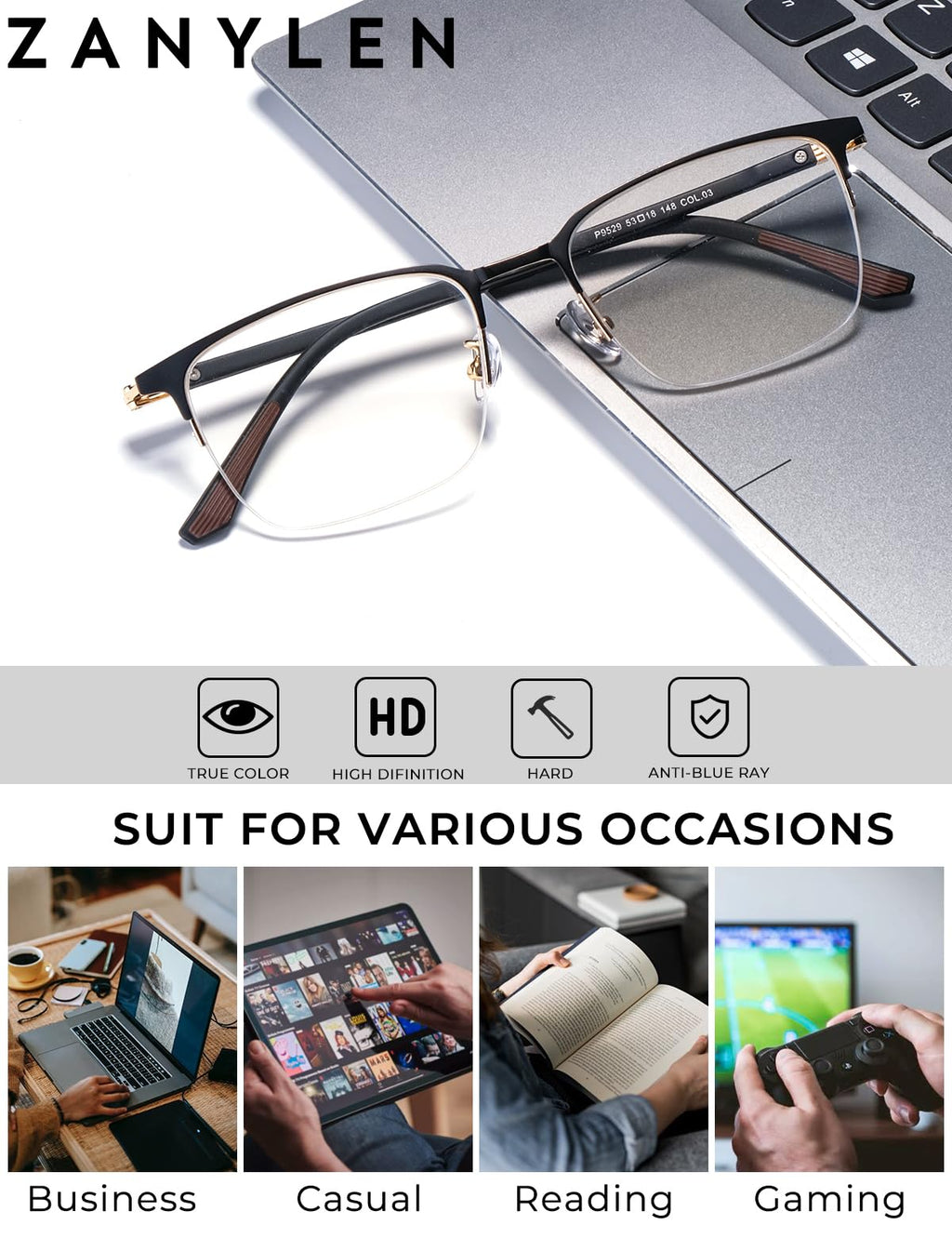 ZanyLen Blue Light Blocking Glasses Men Computer Gaming Glasses Rectangle Metal Semi-rimless Black/Golden Frame Anti Glare/UV400 Clear Lens