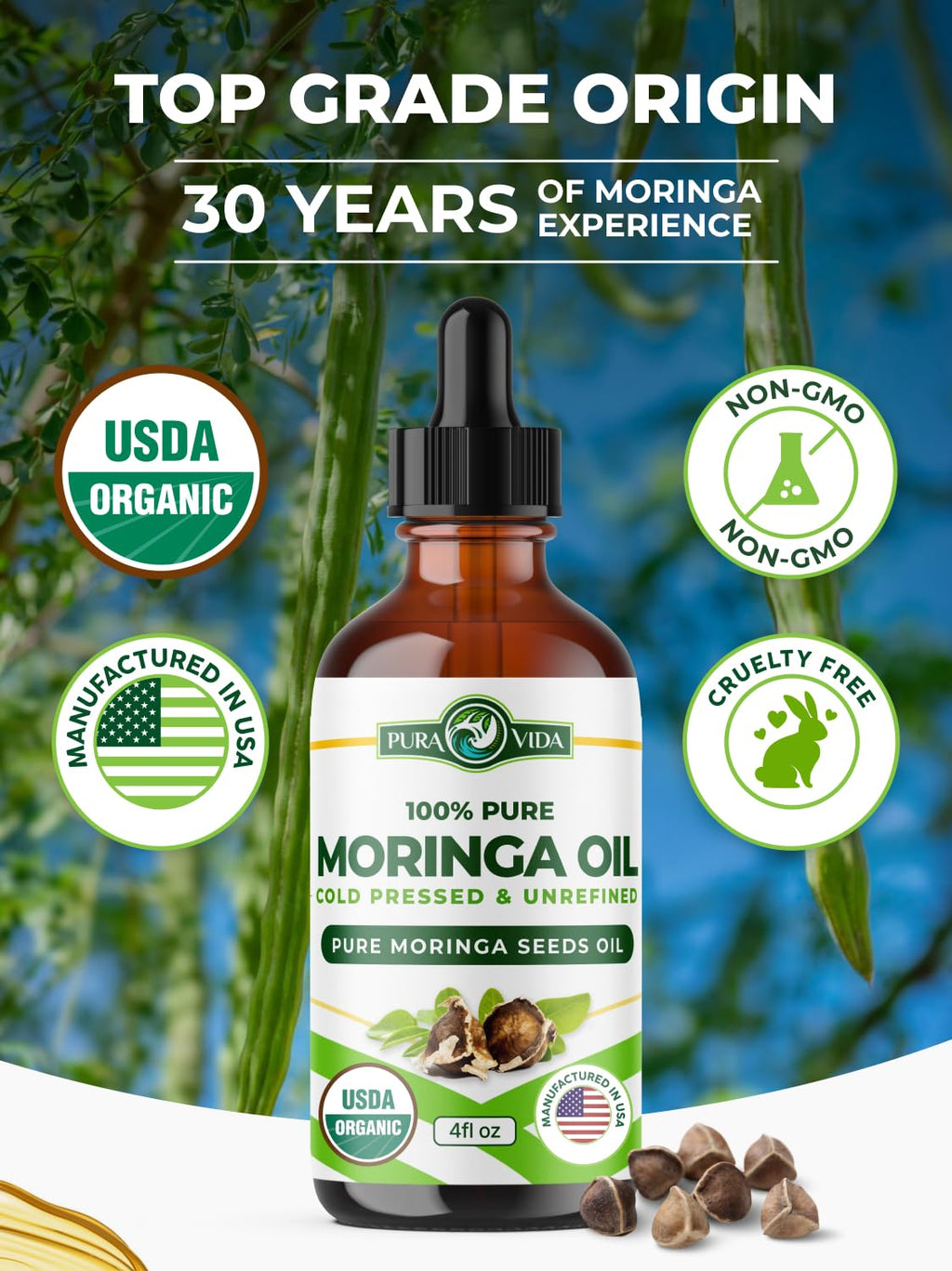 100% Pure Moringa Oil Organic for Face, Hair, Nails and Dry Skin - USDA Certified Single Origin Moringa Oleifera Seeds Extract - 3rd Party Tested, Cold Pressed & Unrefined Organic Moringa Seed Oil