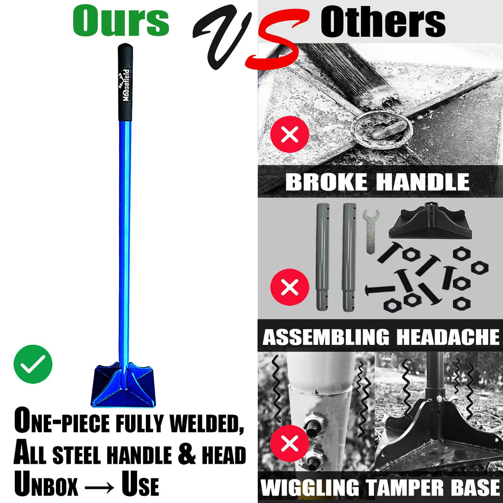Moosefield Fully Welded Steel Heavy Duty Soil &A sphalt Tamper 8"x8" with 45 inch Handle Garden Landscaping Hand Rammer Compactor for Earth, Gravel and Dirt Pavement Compaction Paver Tool Trash Tamper