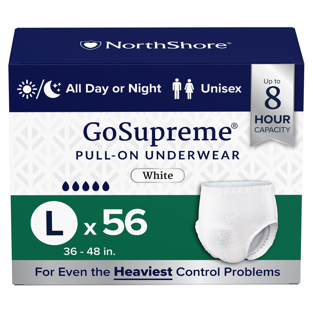 NorthShore GoSupreme Overnight Pull-On Underwear, 8-Hour Leak Protection, Large, 56-Count Case, White, (36-48 in Waist), Unisex Adult Diapers