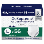 NorthShore GoSupreme Overnight Pull-On Underwear, 8-Hour Leak Protection, Large, 56-Count Case, White, (36-48 in Waist), Unisex Adult Diapers