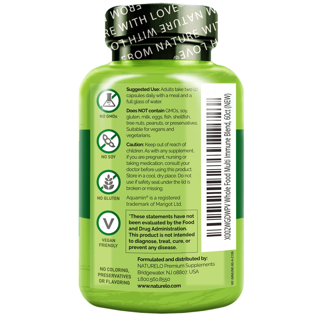 NATURELO Whole Food Multivitamin + Immune Blend with Elderberry & Mushrooms - Complete Multivitamin with Extra Immune Support - C, D3, Zinc, Elderberry, Reishi, Shitake, 60 Vegan Capsules (Pack of 2)