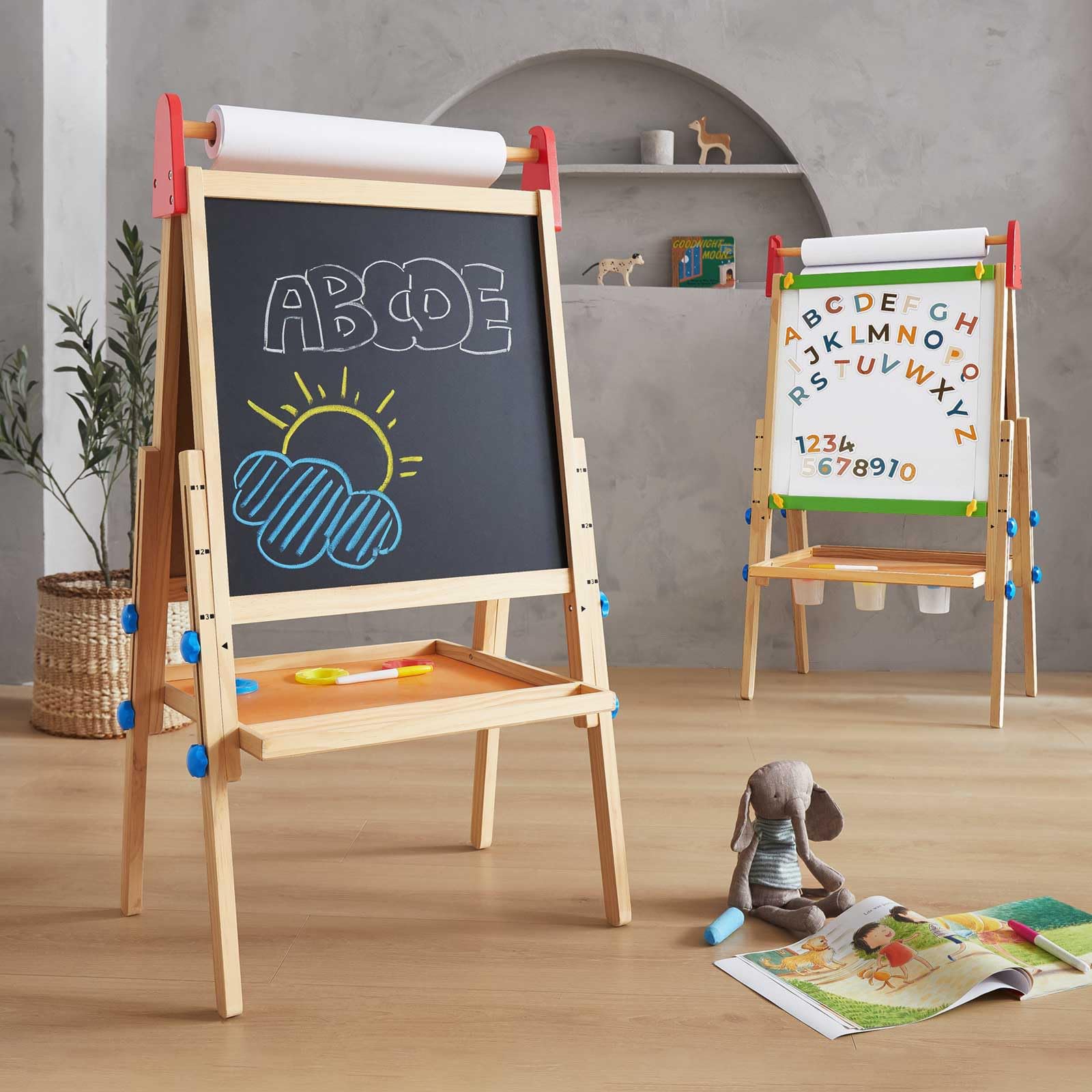 Tiny Land Easel for Kids with 2 Drawing Paper Roll, Learning-Toy for 3,4,5,6,7,8 Years Old Boy & Girls, Wooden Chalkboard & Magnetic Whiteboard & Painting Paper Stand, Gift & Art Supplies for Toddler
