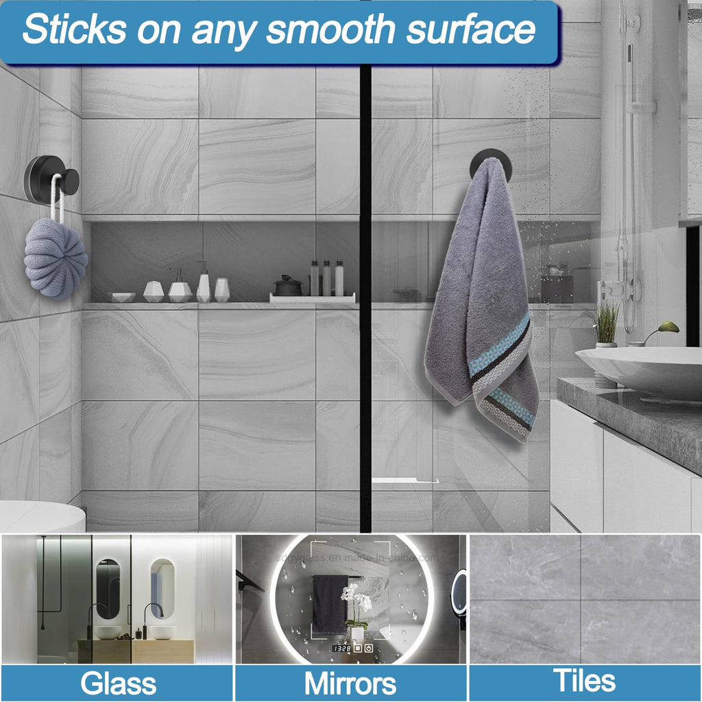 Hviiso Vacuum Suction Cup Hooks for Shower, Shower Hooks for Inside Shower Glass Window, Mirror, No Drill Towel Hooks for Bathrooms, Bath Robe Coat Looafh Wreath Hook for Hanging - 4 Pack, Black