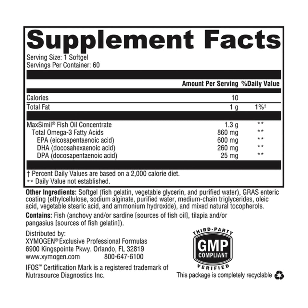 XYMOGEN Omega MonoPure 1300 EC - Heart & Brain Support - DHA & EPA Omega-3 Fish Oil - Monoglyceride High Absorption Softgels - Enteric Coated - 60 Softgels