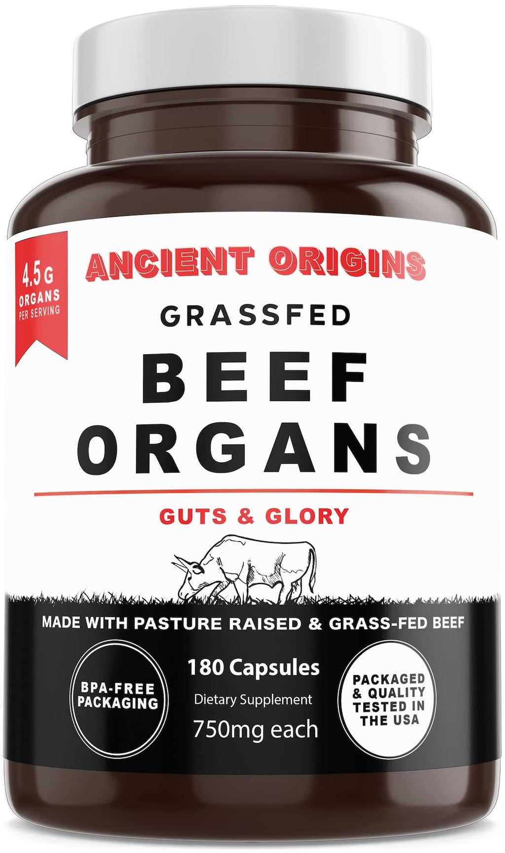 Ancient Origins Grass Fed Beef Organs Supplement 4500 mg - Desiccated Liver, Bone Marrow, Heart, Spleen, Pancreas & Kidney, Non-GMO, Gluten Free, Undefatted (180 Capsules, 750mg Each)
