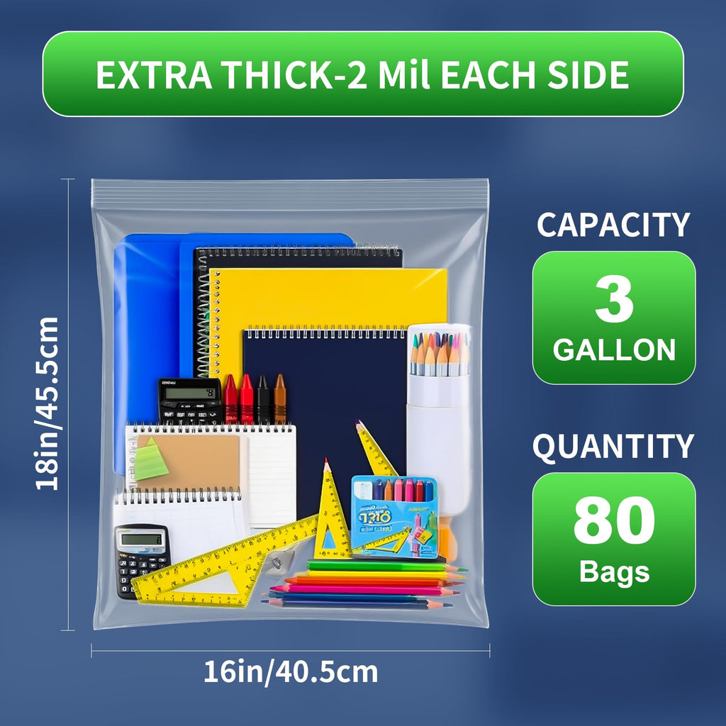 TUXIYA 80PACK 3 Gallon Large Zipper Bags for Storage 16" x 18" Storage Bags