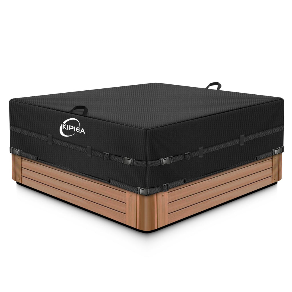 Kipiea 600D Outdoor Waterproof Square Hot Tub Cover Protector, Heavy Duty Polyester SPA Cover UV Protection Cover 95" L x 95" W x 20" H, Black