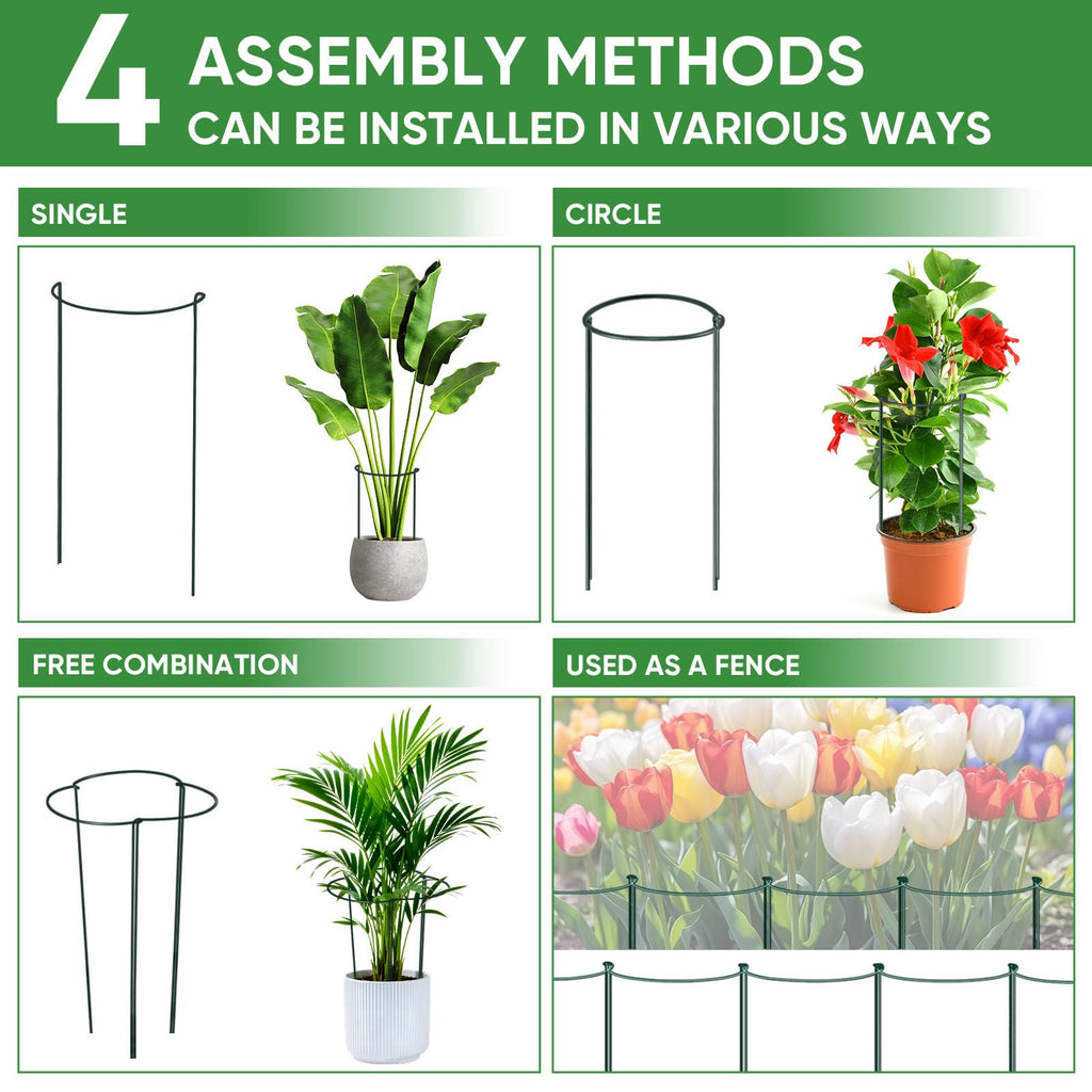 HiGift 10 Pack 24" H x 10" W Tall Plant Support Stakes, Half Round Metal Peony Cages and Supports, Monstera Plant Support Snake Plant Stake Flower Support Ring for Tomato, Hydrangea Outdoor Indoor
